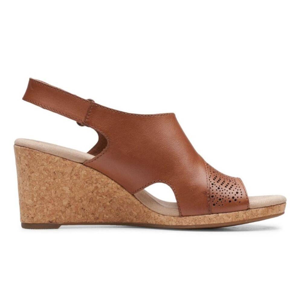 Clarks Lafley Joy Wedge Sandals Open Toe Leather Brown Womens Size US 7.5 EU 38
